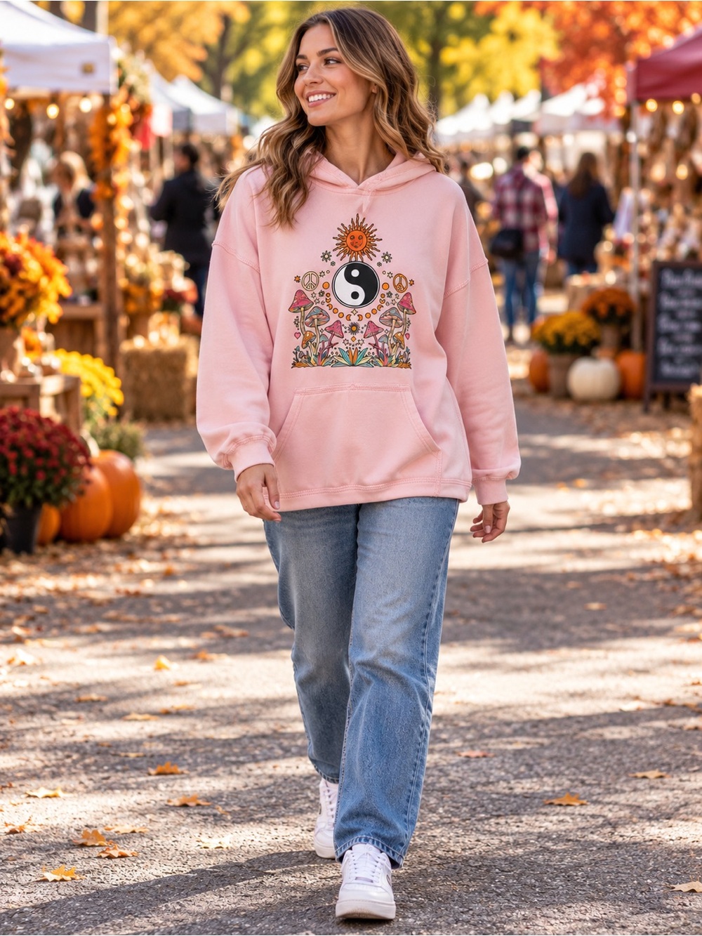 Yak & Yeti Pink Yin Yang Mushroom Graphic Hoodie S/M NWT